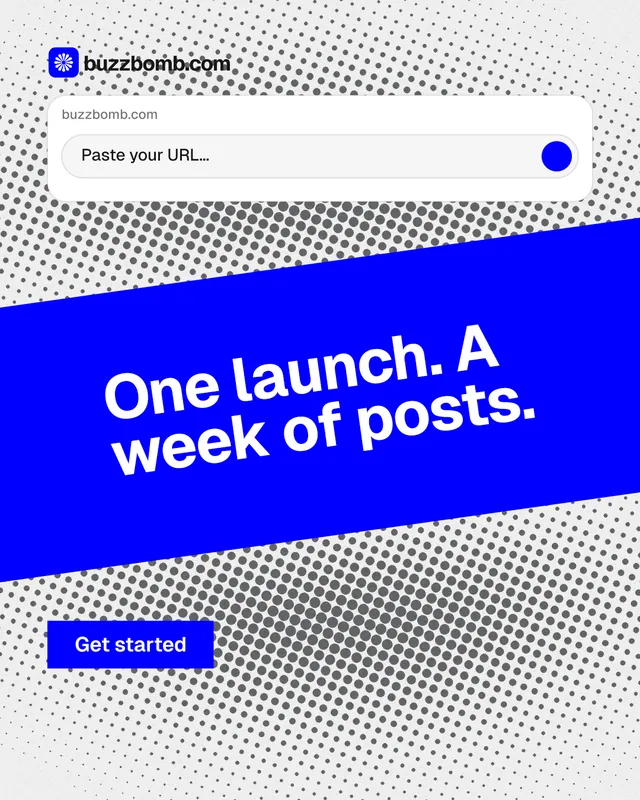 Instagram portrait post for BuzzBomb: "One launch. A week of posts." Swiss style, diagonal layout, light palette in blue, white.