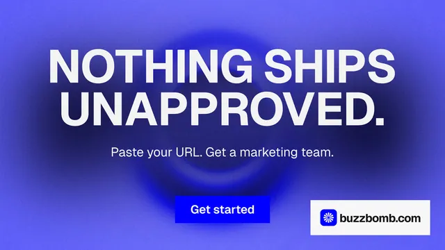 Landscape graphic for BuzzBomb: "Nothing ships unapproved." Swiss style, centred layout, dark palette in blue.