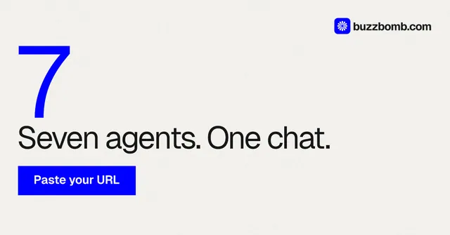 Social ad for BuzzBomb: "One launch. A week of posts." Swiss style, stat layout, light palette in white, blue.
