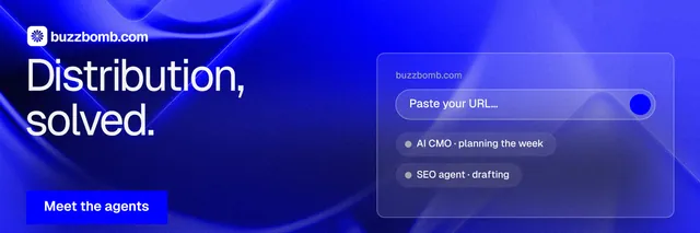 X header for BuzzBomb: "Distribution, solved." Swiss style, bottom layout, dark palette in blue.