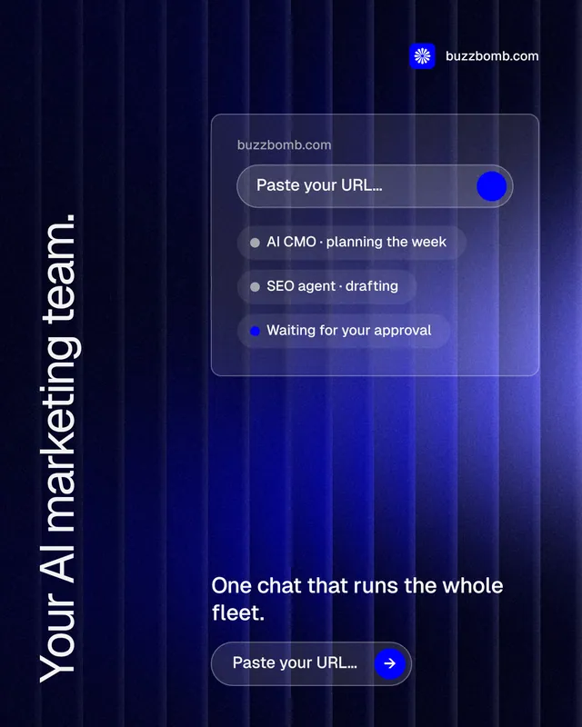 Instagram portrait post for BuzzBomb: "Your AI marketing team." Agentic glass style, vertical layout, dark palette in black, blue.
