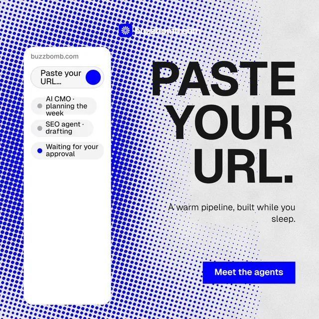 Instagram post for BuzzBomb: "Paste your URL." Swiss style, right layout, light palette in blue, white.