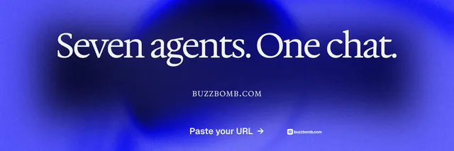 X header for BuzzBomb: "Seven agents. One chat." Swiss style, smallcaps layout, dark palette in blue.