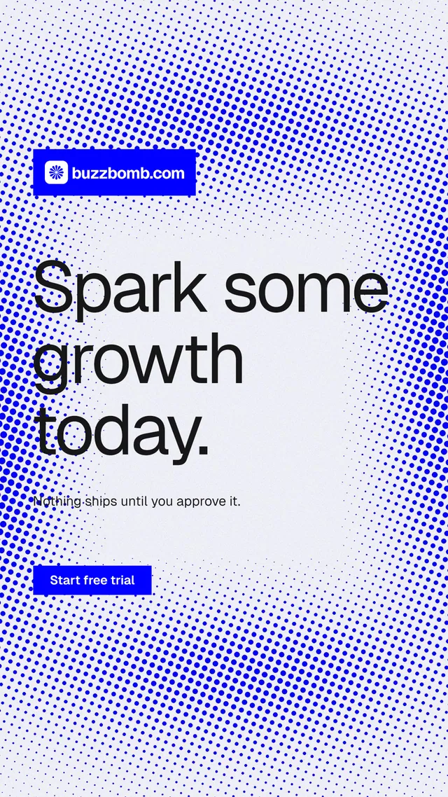 Instagram story for BuzzBomb: "Spark some growth today." Swiss style, announce layout, light palette in white, blue.