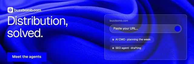 X header for BuzzBomb: "Distribution, solved." Swiss style, bottom layout, dark palette in blue.