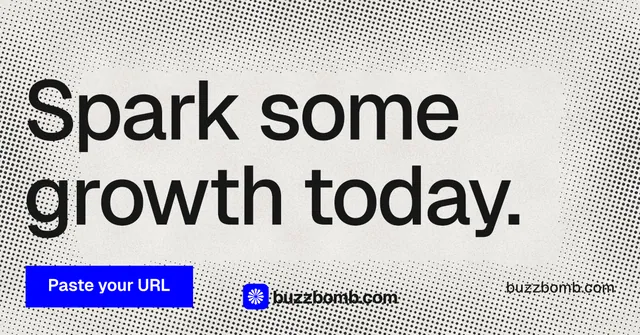 Social ad for BuzzBomb: "Spark some growth today." Swiss style, poster layout, light palette in grey, white.
