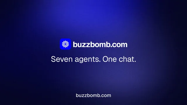 Landscape graphic for BuzzBomb: "Seven agents. One chat." Agentic glass style, end card layout, dark palette in black, blue.