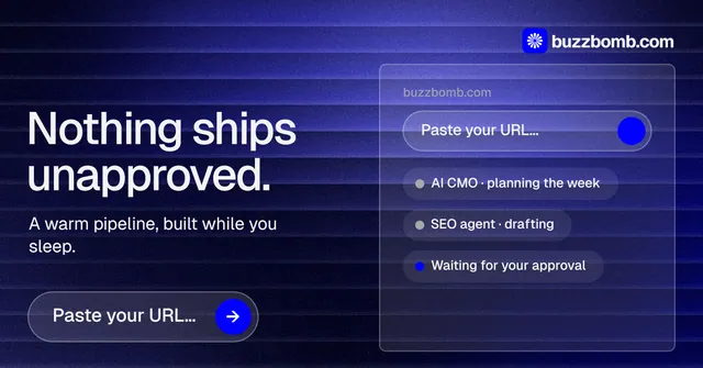 Social ad for BuzzBomb: "Nothing ships unapproved." Agentic glass style, bottom layout, dark palette in black, blue.