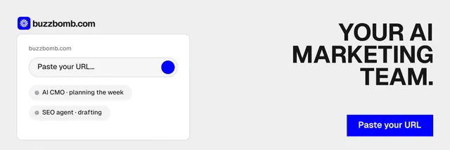 X header for BuzzBomb: "Your AI marketing team." Swiss style, right layout, light palette in white, blue.