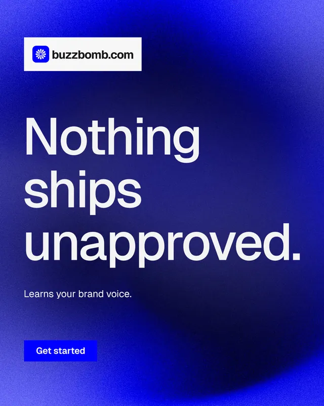 Instagram portrait post for BuzzBomb: "Nothing ships unapproved." Swiss style, announce layout, dark palette in blue.