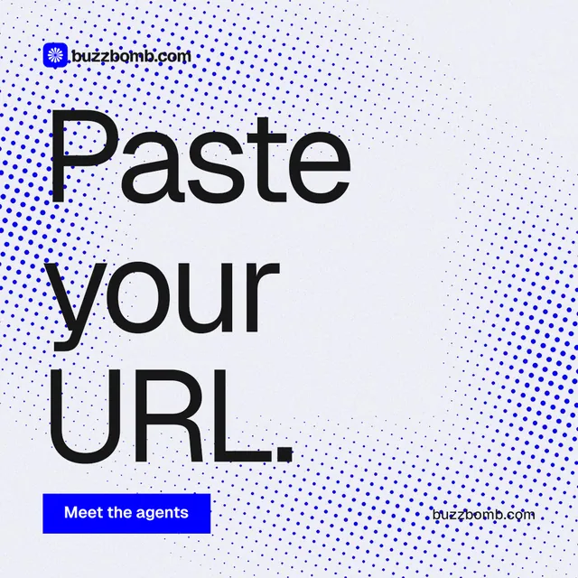 Instagram post for BuzzBomb: "Paste your URL." Split block style, poster layout, light palette in blue, white.