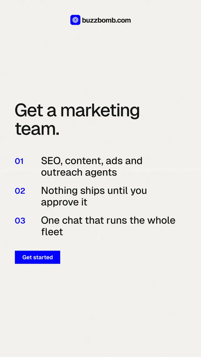 Instagram story for BuzzBomb: "Get a marketing team." Swiss style, numbered layout, light palette in white.