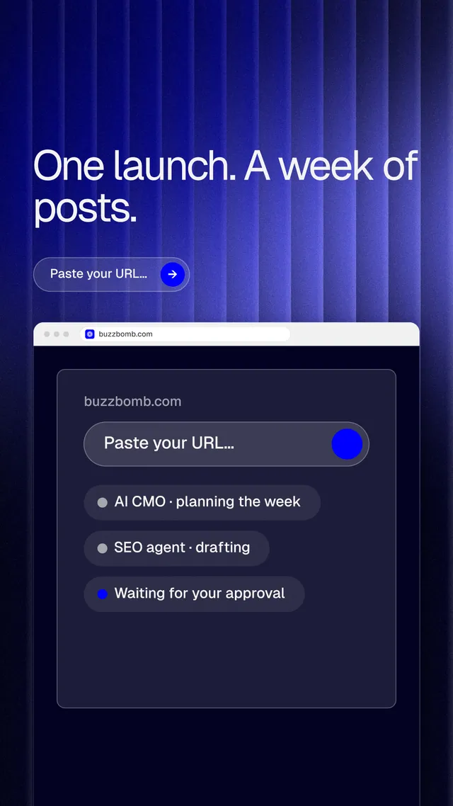 Instagram story for BuzzBomb: "One launch. A week of posts." Agentic glass style, browser layout, dark palette in blue, black.
