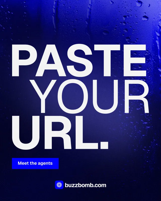 Instagram portrait post for BuzzBomb: "Paste your URL." Swiss style, stacked layout, dark palette in black, blue, white.