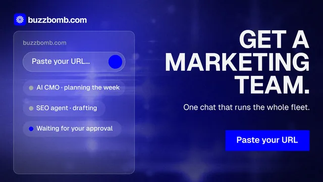 Landscape graphic for BuzzBomb: "Get a marketing team." Swiss style, right layout, dark palette in blue.