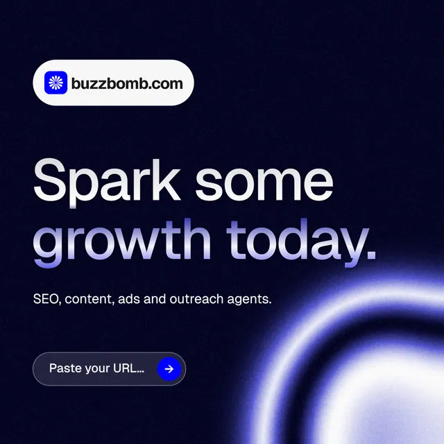 Instagram post for BuzzBomb: "Spark some growth today." Agentic glass style, announce layout, dark palette in black, blue.