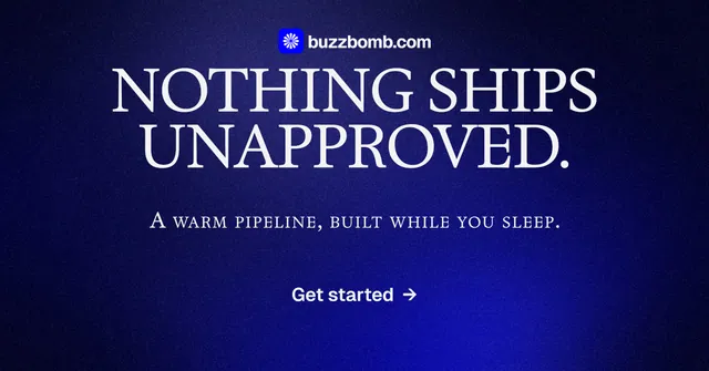 Social ad for BuzzBomb: "Nothing ships unapproved." Swiss style, smallcaps layout, dark palette in black, blue, grey.