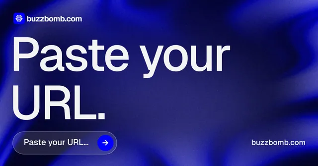 Social ad for BuzzBomb: "Paste your URL." Agentic glass style, poster layout, dark palette in blue.