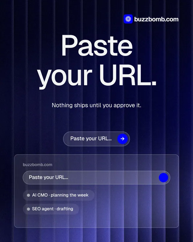 Instagram portrait post for BuzzBomb: "Paste your URL." Agentic glass style, centred layout, dark palette in blue, black, grey.