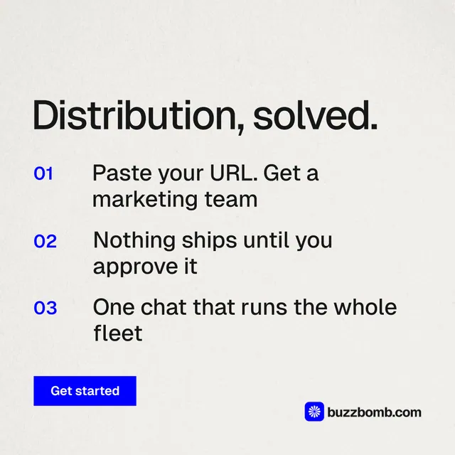Instagram post for BuzzBomb: "Distribution, solved." Swiss style, numbered layout, light palette in white, grey.
