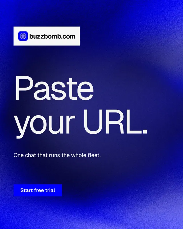 Instagram portrait post for BuzzBomb: "Paste your URL." Swiss style, announce layout, dark palette in blue.