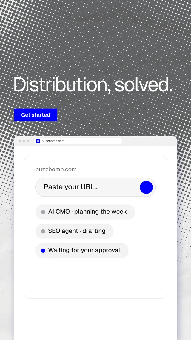 Instagram story for BuzzBomb: "Distribution, solved." Split block style, browser layout, light palette in grey, white.