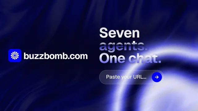 Landscape graphic for BuzzBomb: "Seven agents. One chat." Agentic glass style, logo hero layout, dark palette in blue, black.