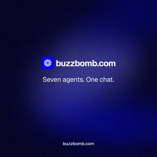 Instagram post for BuzzBomb: "Seven agents. One chat." Agentic glass style, end card layout, dark palette in black, blue.