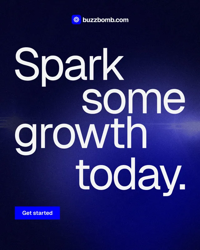 Instagram portrait post for BuzzBomb: "Spark some growth today." Swiss style, stacked layout, dark palette in black, blue, grey.