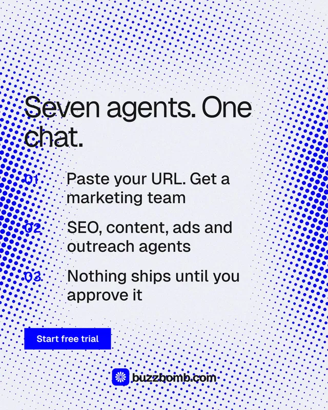 Instagram portrait post for BuzzBomb: "Seven agents. One chat." Swiss style, numbered layout, light palette in blue, white.