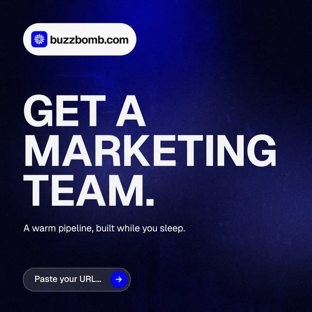 Instagram post for BuzzBomb: "Get a marketing team." Agentic glass style, announce layout, dark palette in black, blue, grey.