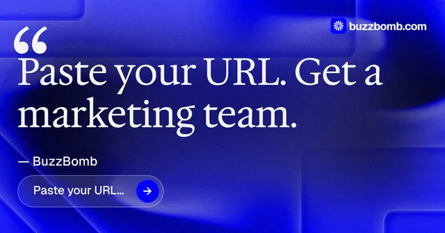 Social ad for BuzzBomb: "One launch. A week of posts." Agentic glass style, quote layout, dark palette in blue.