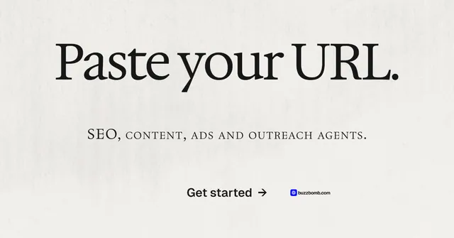 Social ad for BuzzBomb: "Paste your URL." Swiss style, smallcaps layout, light palette in white, grey.