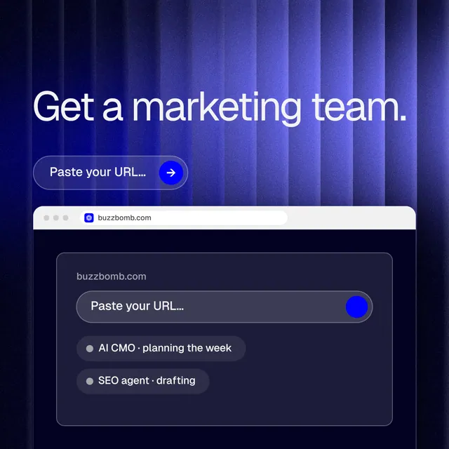 Instagram post for BuzzBomb: "Get a marketing team." Agentic glass style, browser layout, dark palette in blue, black.