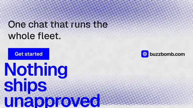 Landscape graphic for BuzzBomb: "One launch. A week of posts." Swiss style, oversized layout, light palette in blue, white.