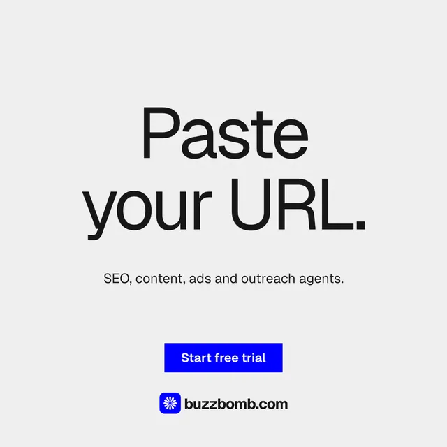 Instagram post for BuzzBomb: "Paste your URL." Swiss style, centred layout, light palette in white, grey.