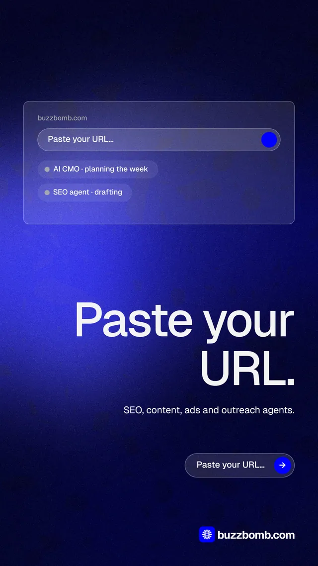 Instagram story for BuzzBomb: "Paste your URL." Agentic glass style, right layout, dark palette in black, blue.