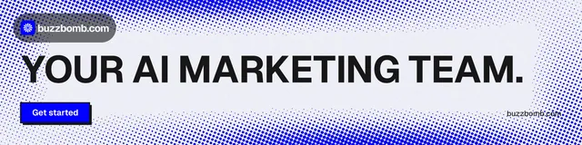 LinkedIn banner for BuzzBomb: "Your AI marketing team." Brutalist style, poster layout, light palette in blue, white.