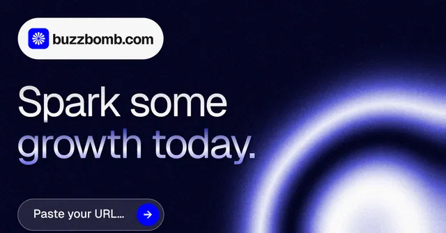 Social ad for BuzzBomb: "Spark some growth today." Agentic glass style, announce layout, dark palette in black, blue.