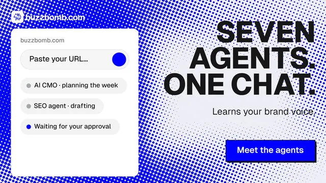 Landscape graphic for BuzzBomb: "Seven agents. One chat." Brutalist style, right layout, light palette in blue, white.