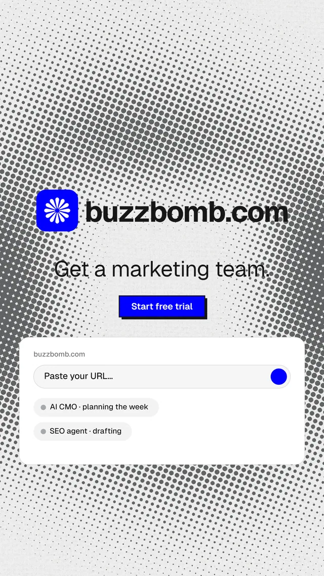 Instagram story for BuzzBomb: "Get a marketing team." Brutalist style, logo hero layout, light palette in grey, white.
