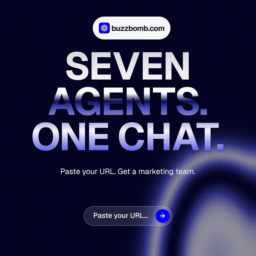 Instagram post for BuzzBomb: "Seven agents. One chat." Agentic glass style, centred layout, dark palette in black, grey, blue.