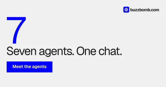 Social ad for BuzzBomb: "Nothing ships unapproved." Swiss style, stat layout, light palette in white, blue.