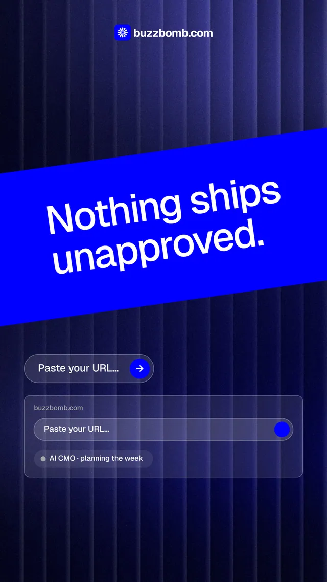 Instagram story for BuzzBomb: "Nothing ships unapproved." Agentic glass style, diagonal layout, dark palette in black, blue.
