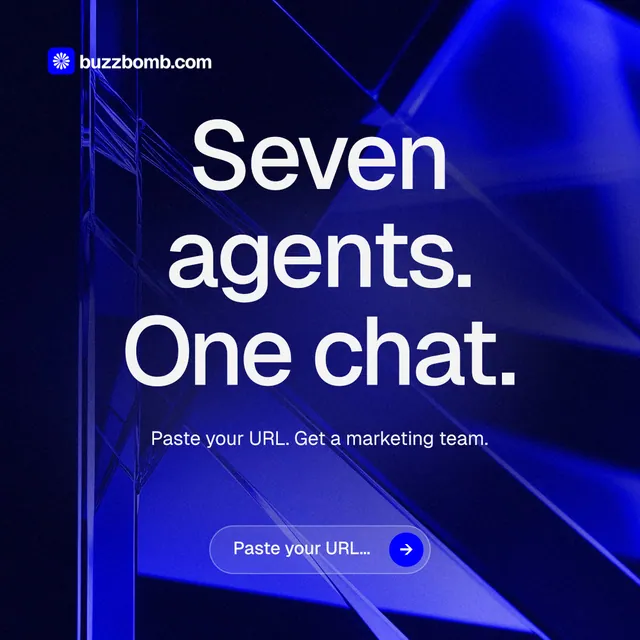 Instagram post for BuzzBomb: "Seven agents. One chat." Agentic glass style, centred layout, dark palette in black, blue.