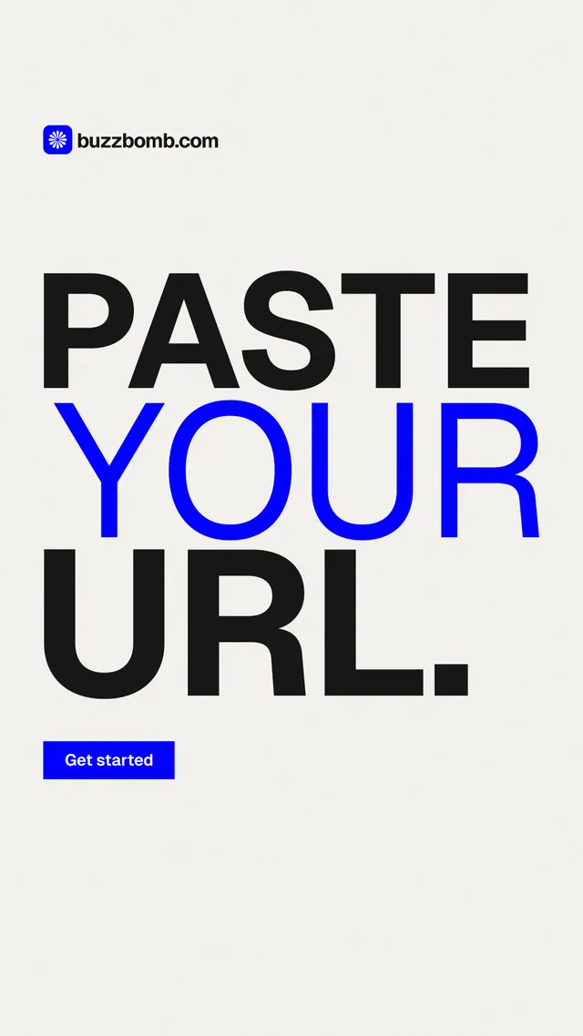 Instagram story for BuzzBomb: "Paste your URL." Swiss style, stacked layout, light palette in white, grey.