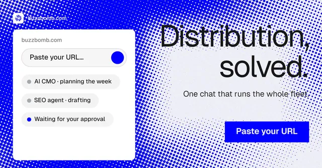 Social ad for BuzzBomb: "Distribution, solved." Swiss style, right layout, light palette in blue, white.