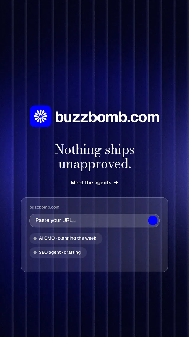 Instagram story for BuzzBomb: "Nothing ships unapproved." Minimal luxury style, logo hero layout, dark palette in black, blue.