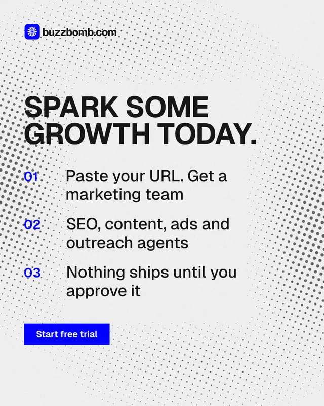 Instagram portrait post for BuzzBomb: "Spark some growth today." Swiss style, numbered layout, light palette in white, grey.