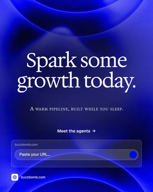 Instagram portrait post for BuzzBomb: "Spark some growth today." Agentic glass style, smallcaps layout, dark palette in blue.